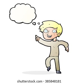 cartoon happy boy pointing with thought bubble