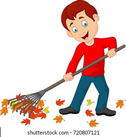 Cartoon Happy Boy Raking Leaves