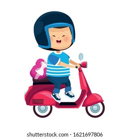 cartoon happy boy riding a classic motorcycle icon over white background, colorful design, vector illustration