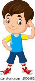 Cartoon happy boy with showing muscle