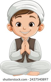 Cartoon of a happy boy sitting cross-legged, hands together