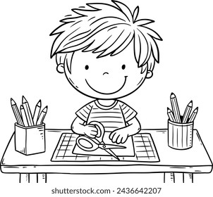 Cartoon happy boy sitting at the table and cutting paper. Kids creative activities. Outline vector illustration. Coloring book page for children