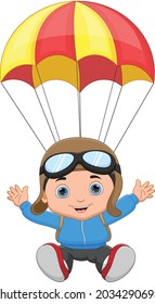 cartoon happy boy skydiving on white background