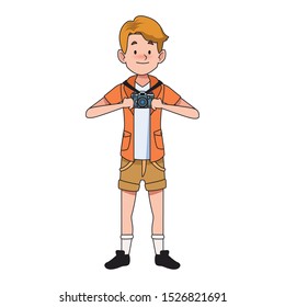 cartoon happy boy standing with a photographic camera over white background, vector illustration