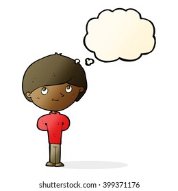 cartoon happy boy with thought bubble