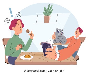 Cartoon happy boy using tablet, child watching smartphone while eating at kitchen at home. Irritated mom is nervous that kid is distracted during feeding and spends too much time with gadgets