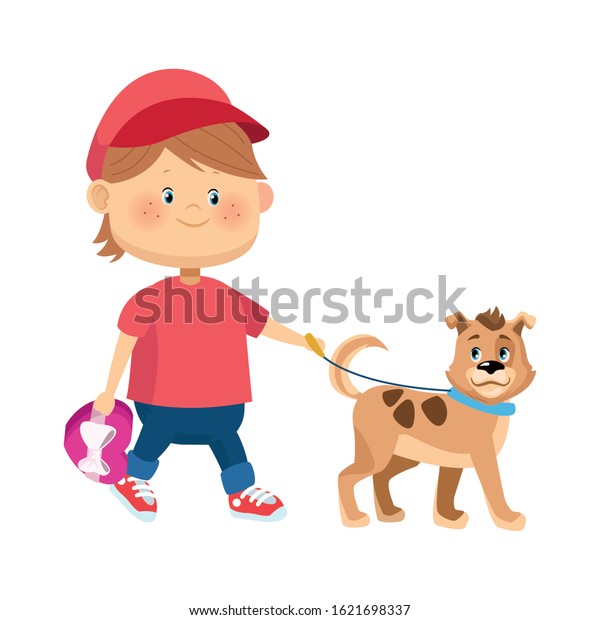 Cartoon Happy Boy Walking Cute Dog Vector De Stock Libre De Regalías