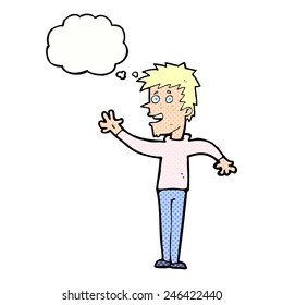 cartoon happy boy waving with thought bubble