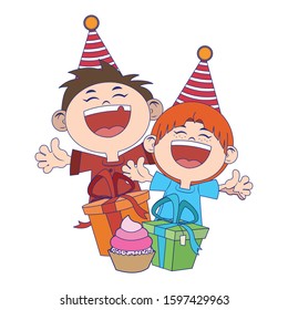 cartoon happy boys with birthday gifts boxes icon over white background, vector illustration