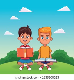 cartoon happy boys sitting with books over landscape background, colorful design, vector illustration