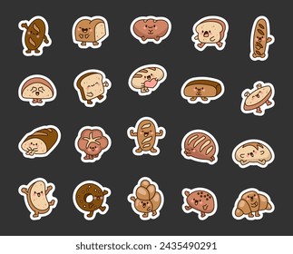 Cartoon happy bread face characters. Sticker Bookmark. Funny tasty bakery pastries. Hand drawn style. Vector drawing. Collection of design elements.