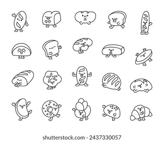 Cartoon happy bread face characters. Coloring Page. Funny tasty bakery pastries. Hand drawn style. Vector drawing. Collection of design elements.