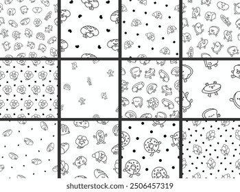 Cartoon happy bread face characters. Seamless pattern. Coloring Page. Funny tasty bakery pastries. Hand drawn style. Vector drawing. Collection of design ornaments.