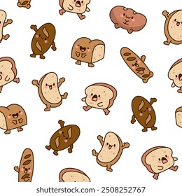 Cartoon happy bread face characters. Seamless pattern. Funny tasty bakery pastries. Hand drawn style. Vector drawing. Design ornaments.
