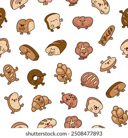 Cartoon happy bread face characters. Seamless pattern. Funny tasty bakery pastries. Hand drawn style. Vector drawing. Design ornaments.