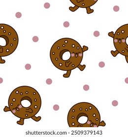 Cartoon happy bread face characters. Seamless pattern. Funny tasty bakery pastries. Hand drawn style. Vector drawing. Design ornaments.
