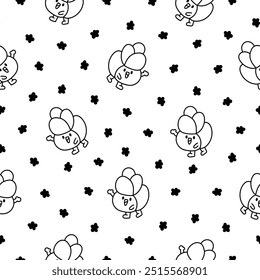 Cartoon happy bread face characters. Seamless pattern. Coloring Page. Funny tasty bakery pastries. Hand drawn style. Vector drawing. Design ornaments.