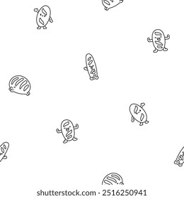 Cartoon happy bread face characters. Seamless pattern. Coloring Page. Funny tasty bakery pastries. Hand drawn style. Vector drawing. Design ornaments.