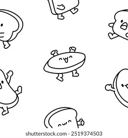 Cartoon happy bread face characters. Seamless pattern. Coloring Page. Funny tasty bakery pastries. Hand drawn style. Vector drawing. Design ornaments.