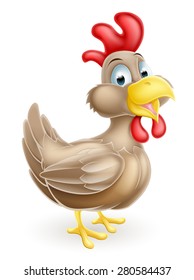 A cartoon happy brown chicken mascot character