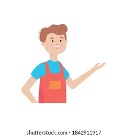 cartoon happy builder man wearing overalls over white background, flat style, vector illustration