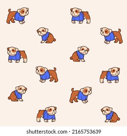 Cartoon happy bulldog in pullover - simple trendy pattern with dogs. Flat vector illustration for prints, clothing, packaging and postcards.
