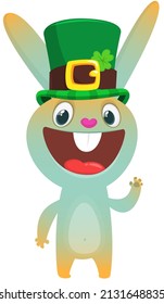 Cartoon happy bunny rabbit character wearing st patrick's hat with a clover. Vector design for Saint Patrick's Day 