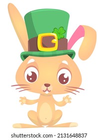 Cartoon happy bunny rabbit character wearing st patrick's hat with a clover. Vector design for Saint Patrick's Day 