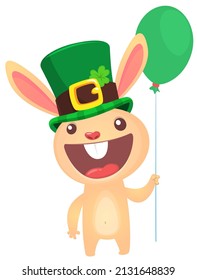 Cartoon happy bunny rabbit character wearing st patrick's hat with a clover. Vector design for Saint Patrick's Day 