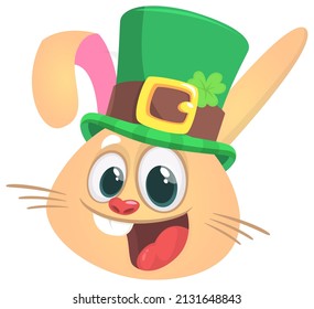 Cartoon happy bunny rabbit character wearing st patrick's hat with a clover. Vector design for Saint Patrick's Day 