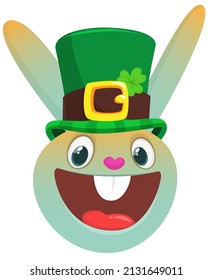 Cartoon happy bunny rabbit character wearing st patrick's hat with a clover. Vector design for Saint Patrick's Day 