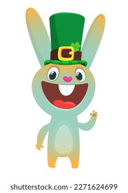 Cartoon happy bunny rabbit character wearing st patrick's hat with a clover. Vector illustration for Saint Patrick's Day.