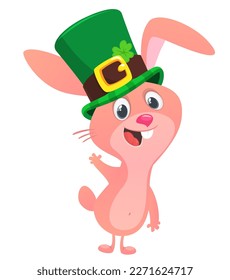 Cartoon happy bunny rabbit character wearing st patrick's hat with a clover. Vector illustration for Saint Patrick's Day.