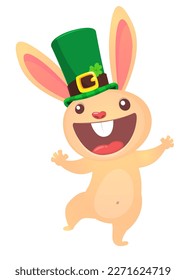 Cartoon happy bunny rabbit character wearing st patrick's hat with a clover. Vector illustration for Saint Patrick's Day.