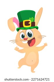 Cartoon happy bunny rabbit character wearing st patrick's hat with a clover. Vector illustration for Saint Patrick's Day.