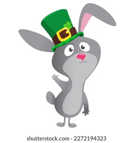 Cartoon happy bunny rabbit character wearing st patrick's hat with a clover. Vector illustration for Saint Patrick's Day.