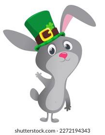 Cartoon happy bunny rabbit character wearing st patrick's hat with a clover. Vector illustration for Saint Patrick's Day.