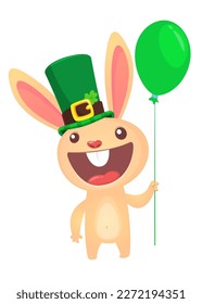 Cartoon happy bunny rabbit character wearing st patrick's hat with a clover and holding green balloon