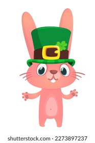 Cartoon happy bunny rabbit character wearing st patrick's hat with a clover. Vector illustration for Saint Patrick's Day.
