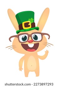 Cartoon happy bunny rabbit character wearing st patrick's hat with a clover. Vector illustration for Saint Patrick's Day.