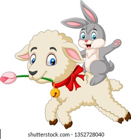 Cartoon happy bunny riding a lamb