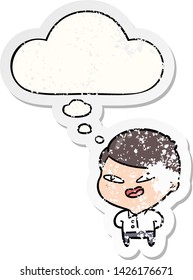 cartoon happy business man with thought bubble as a distressed worn sticker