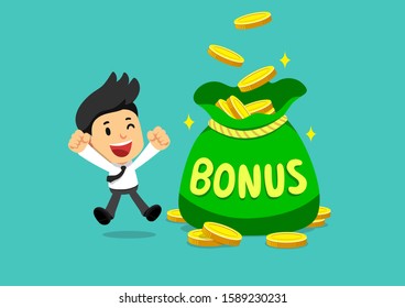 Cartoon happy businessman with big bonus money bag for design.