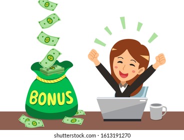 Cartoon happy businesswoman with big bonus money bag for design.