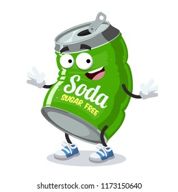 cartoon happy can of sugar free soda mascot smiling on white background