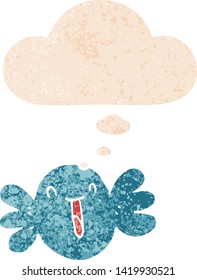 cartoon happy candy with thought bubble in grunge distressed retro textured style