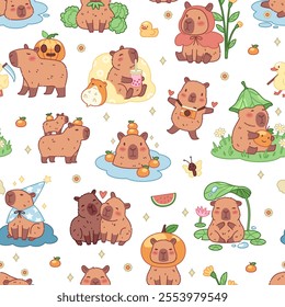 Cartoon happy capybaras seamless pattern. Funny exotic animals, repeated kawaii characters, biggest cute rodents. Decor textile, wrapping, wallpaper. Print for fabric tidy vector background