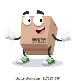 cartoon happy cardboard box mascot smiling on white background