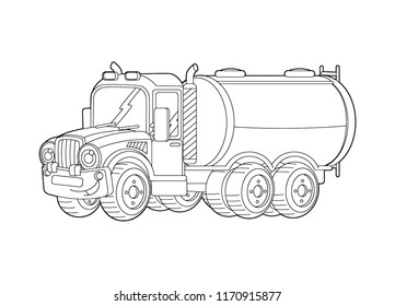 Cartoon Happy Cargo Truck With Tank - Vector Coloring Page - Illustration For Children