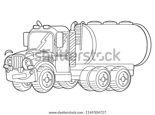 cartoon happy cargo truck with tank - vector\
coloring page - illustration for\
children